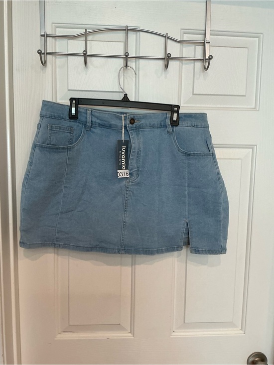 Luvamia Dresses & Skirts - Light Blue Denim Mini Skirt with Front Slit - luvamii